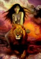 赤い雲の下でライオンに乗る中国人少女のヌード